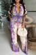 Purple Casual Daily Floral Print Basic V Neck Regular Jumpsuits