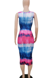 Red Blue Sexy Tie Dye Hollow Out Patchwork U Neck Wrapped Skirt Dresses