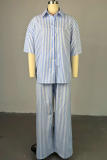Blue Casual Stripe Buckle Patchwork Shirt Collar Half Sleeve Two Pieces