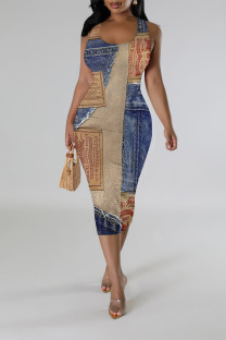 Blue Casual Faux Denim Print Contrast U Neck Printed Dresses