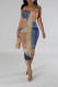 Blue Casual Faux Denim Print Contrast U Neck Printed Dresses