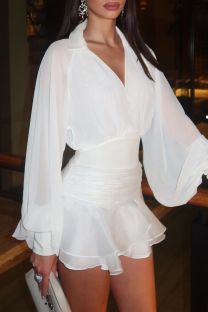 White Elegant Solid Color Ruffled Trim Turndown Collar Long Sleeve Two Pieces