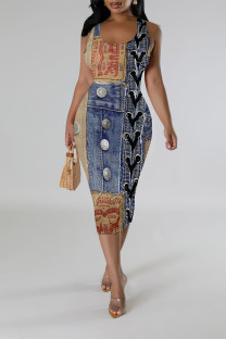 Multicolor Casual Faux Denim Print Contrast U Neck Printed Dresses
