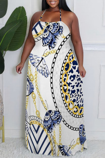 White Sexy Colorblock Chain print Newspaper printing Backless Contrast Halter Printed Plus Size Dresses