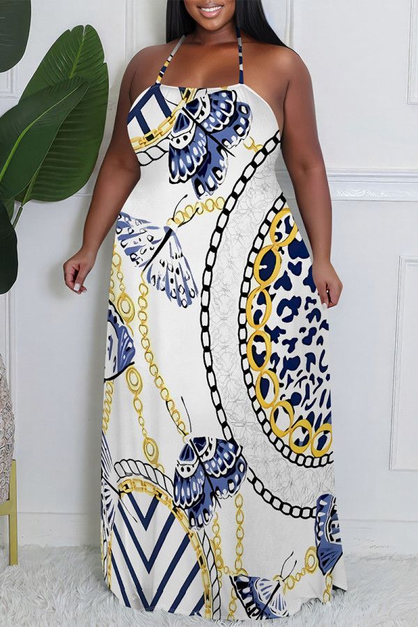 White Sexy Colorblock Chain print Newspaper printing Backless Contrast Halter Printed Plus Size Dresses