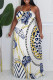White Sexy Colorblock Chain print Newspaper printing Backless Contrast Halter Printed Plus Size Dresses