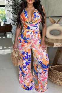 Blue Sexy Casual Print Backless Belted Pile Heap Collar Regular Jumpsuits