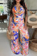 Blue Sexy Casual Print Backless Belted Pile Heap Collar Regular Jumpsuits
