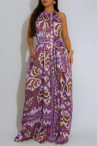 Light Purple Sexy Casual Vacation Print Backless Belted Halter Regular Jumpsuits
