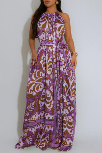 Light Purple Sexy Casual Vacation Print Backless Belted Halter Regular Jumpsuits
