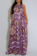Light Purple Sexy Casual Vacation Print Backless Belted Halter Regular Jumpsuits