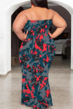 Blue Sexy Colorblock Camouflage Print Colored Diamonds Contrast Strapless Printed Plus Size Dresses