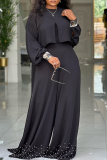 Black Casual Solid Color Beading Irregular O Neck Long Sleeve Two Pieces