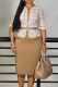 Khaki Elegant Plaid Patchwork With Belt O Neck Pencil Skirt Dresses
