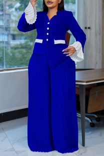 Blue Casual Daily Patchwork Buttons Contrast V Neck Long Sleeve Two Pieces