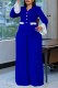 Blue Casual Daily Patchwork Buttons Contrast V Neck Long Sleeve Two Pieces