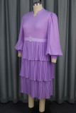 Light Purple Casual Daily Solid Color Patchwork Ruched V Neck Cake Skirt Dresses