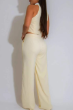 Apricot Casual Pocket Buttons Turndown Collar Sleeveless Two Pieces