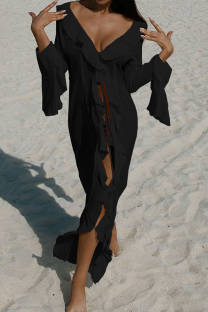 Black Sexy Solid Color High Slit Ruffled Trim Swimwears Cover Up