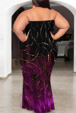 Blue Sexy Colorblock Camouflage Print Colored Diamonds Contrast Strapless Printed Plus Size Dresses
