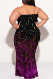 Blue Sexy Colorblock Camouflage Print Colored Diamonds Contrast Strapless Printed Plus Size Dresses