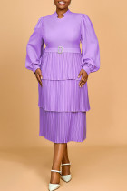 Light Purple Casual Daily Solid Color Patchwork Ruched V Neck Cake Skirt Dresses