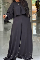 Black Casual Solid Color Beading Irregular O Neck Long Sleeve Two Pieces