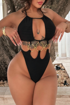 Black Sexy Solid Color Metal Accessories Trim Strap Design Swimwears