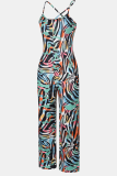 Colour Casual Print Patchwork Spaghetti Strap Regular Jumpsuits