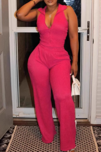Rose Red Casual Solid Color Zipper Turndown Collar Sleeveless Two Pieces