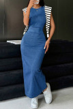 Medium Blue Casual Solid Color Slit Zipper O Neck Sleeveless Bodycon Denim Dresses