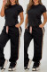 Black Casual Letters Draw String Pocket Patchwork O Neck Short Sleeve Two Pieces