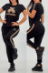 Black Casual Letters Cartoon Embroidered Draw String Pocket O Neck Short Sleeve Two Pieces