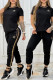 Black Casual Letters Embroidered Draw String O Neck Short Sleeve Two Pieces