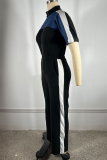 Black Casual Patchwork Zipper Zipper Collar Regular Jumpsuits