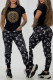 Black Casual Bronzing Pattern Letters Pocket Patchwork O Neck Short Sleeve Two Pieces