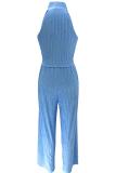 Blue Casual Solid Color Zipper Turndown Collar Sleeveless Two Pieces