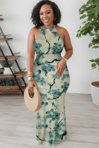 Turquoise Elegant Floral Print O Neck Long Dresses