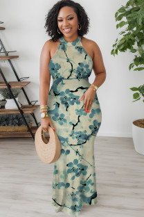 Turquoise Elegant Floral Print O Neck Long Dresses