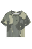 Gray White Casual Camouflage Print Flowers O Neck T-Shirts