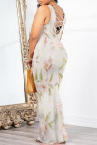 Cream White Casual Floral Print Butterfly Contrast O Neck Printed Dresses