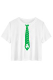 White Blue Casual Four Leaf Clover Contrast O Neck T-Shirts