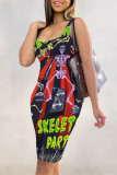Black Sexy Graffiti Print Contrast U Neck Printed Dresses