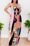 Pink Sexy Cartoon Print Pocket Contrast O Neck Printed Dresses