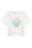 White Blue Casual Four Leaf Clover Contrast O Neck T-Shirts