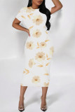 Rose Red Casual Colorblock Flowers Print Contrast O Neck Printed Dresses