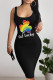 Black White Sexy Colorblock Letter Print U Neck Wrapped Skirt Dresses