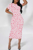 Rose Red Casual Colorblock Flowers Print Contrast O Neck Printed Dresses
