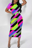 Rose Red Casual Colorblock Flowers Print Contrast O Neck Printed Dresses