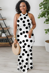 Black And White Casual Polka Dot Print Contrast O Neck Printed Dresses